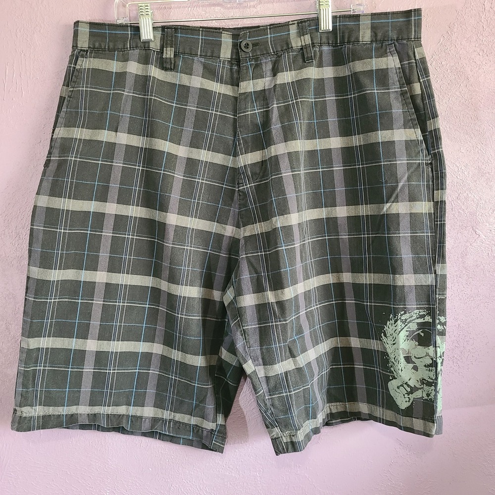 Burnside Plaid Shorts Mens 38 Black Blue Skull Graphic Flat Front Skater A9873DP